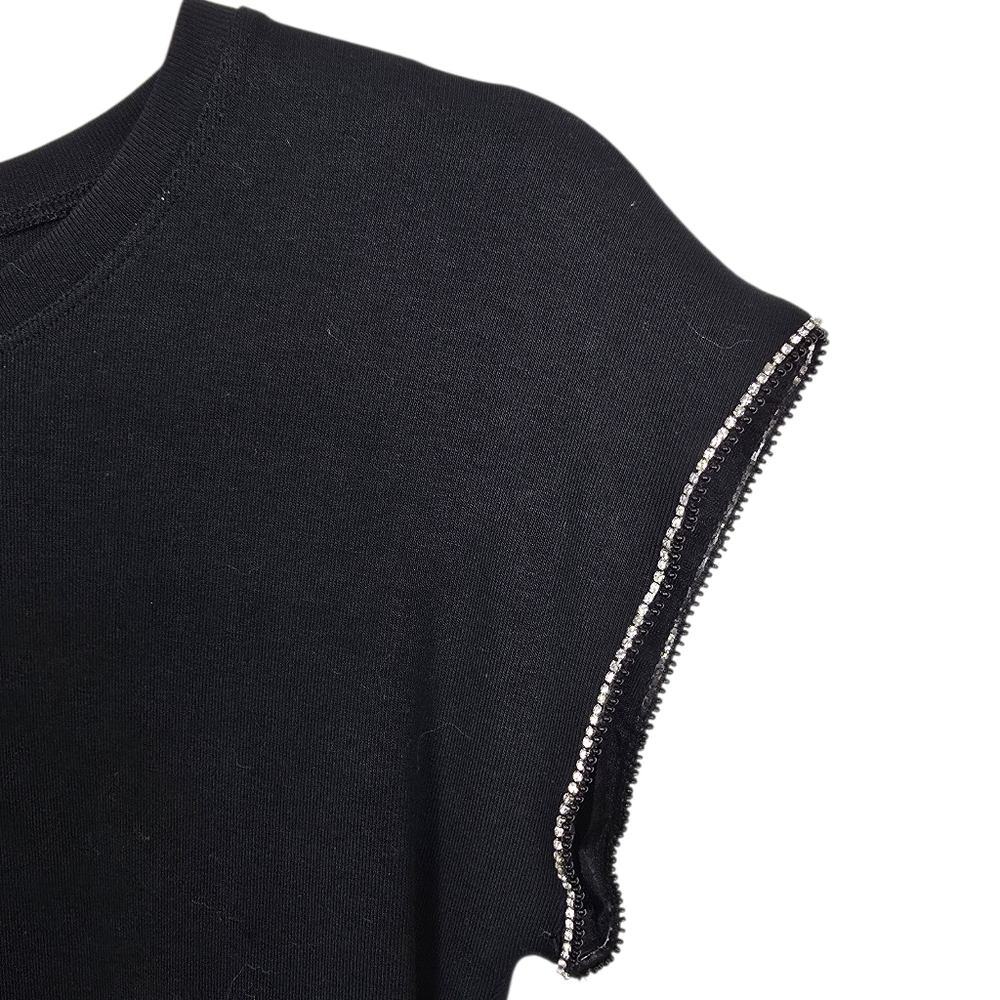 Zara Rhinestone Embellished Cap Sleeve Black Tee Medium - Picture 2 of 5